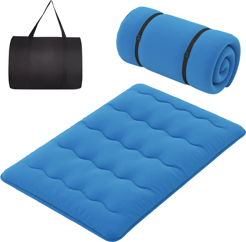 Blue foldable futon mattress with washable cover and carry bag, ideal for camping or as a floor mat.
