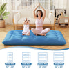 Blue full-size foldable futon mattress with washable cover, ideal for camping, play mat, or floor use.