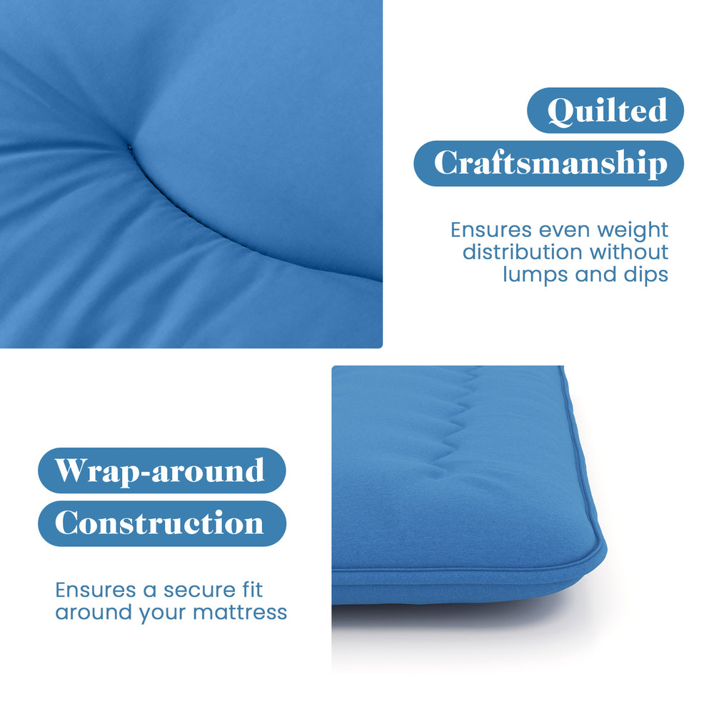 Blue foldable futon mattress with quilted craftsmanship and wrap-around construction, ideal for camping and home use.