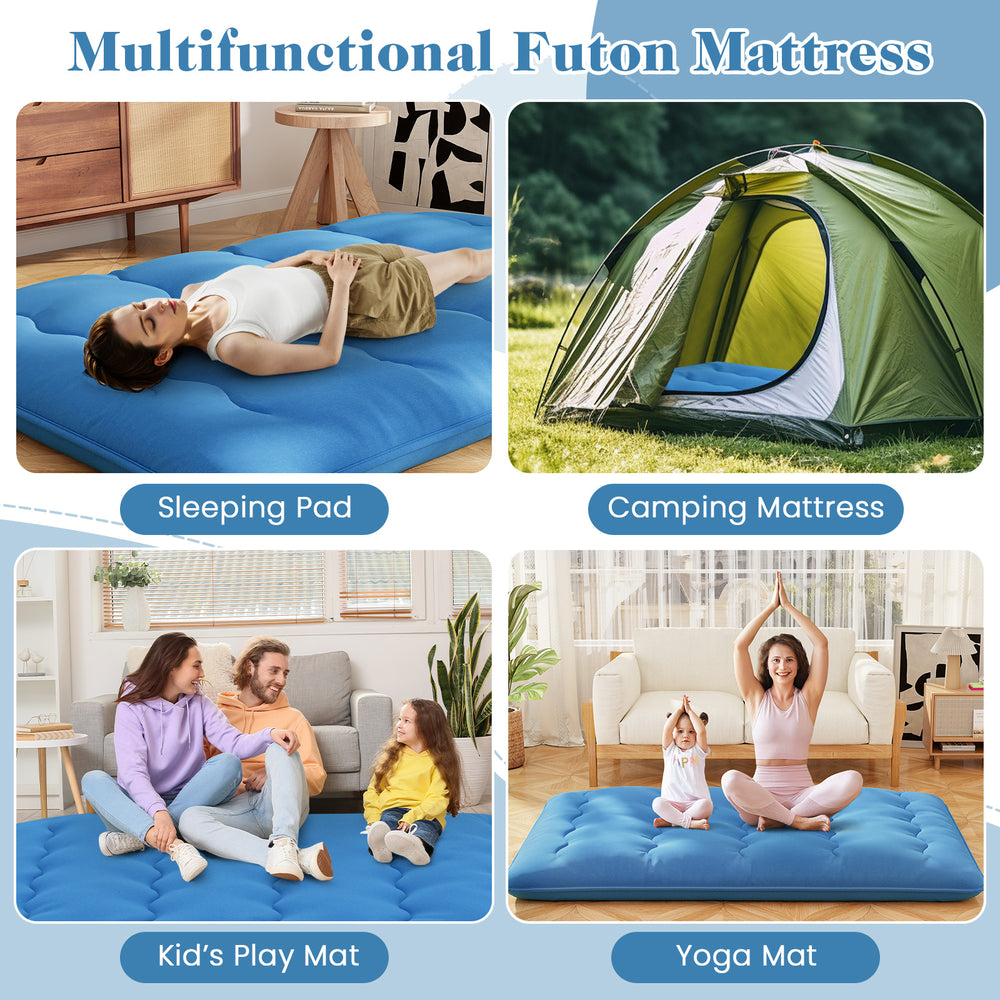 Blue foldable futon mattress shown as a sleeping pad, ideal for camping, play, or yoga, with a washable cover and carry.
