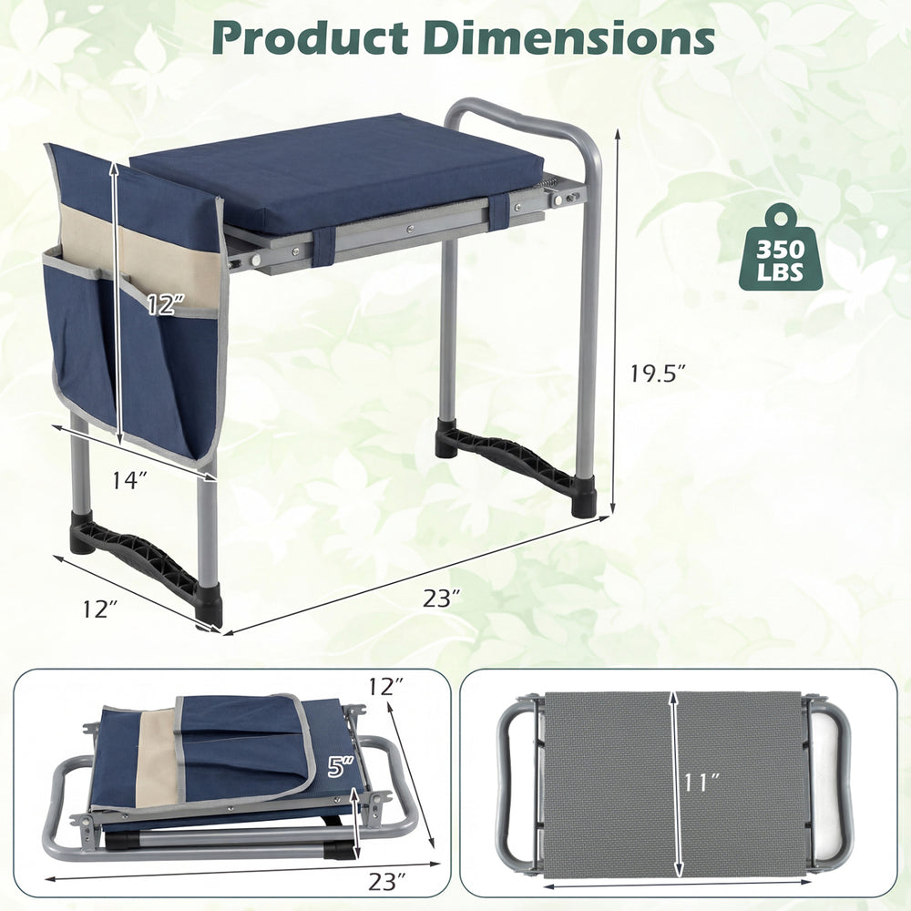 Foldable garden kneeler and seat in navy with detachable pouch, designed for comfort and stability, supports up to 350.