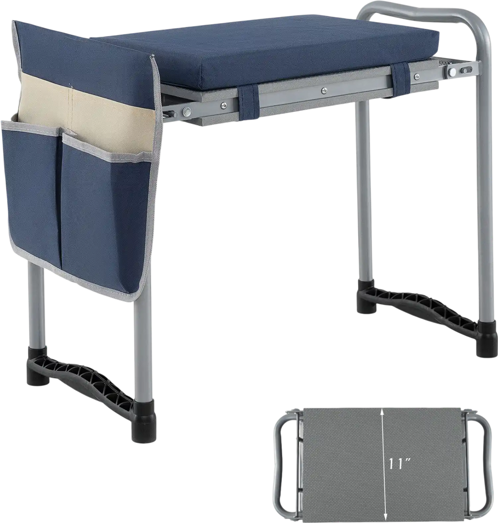 Foldable garden kneeler and seat in navy with detachable cushion and side pouch, ideal for comfortable gardening tasks.