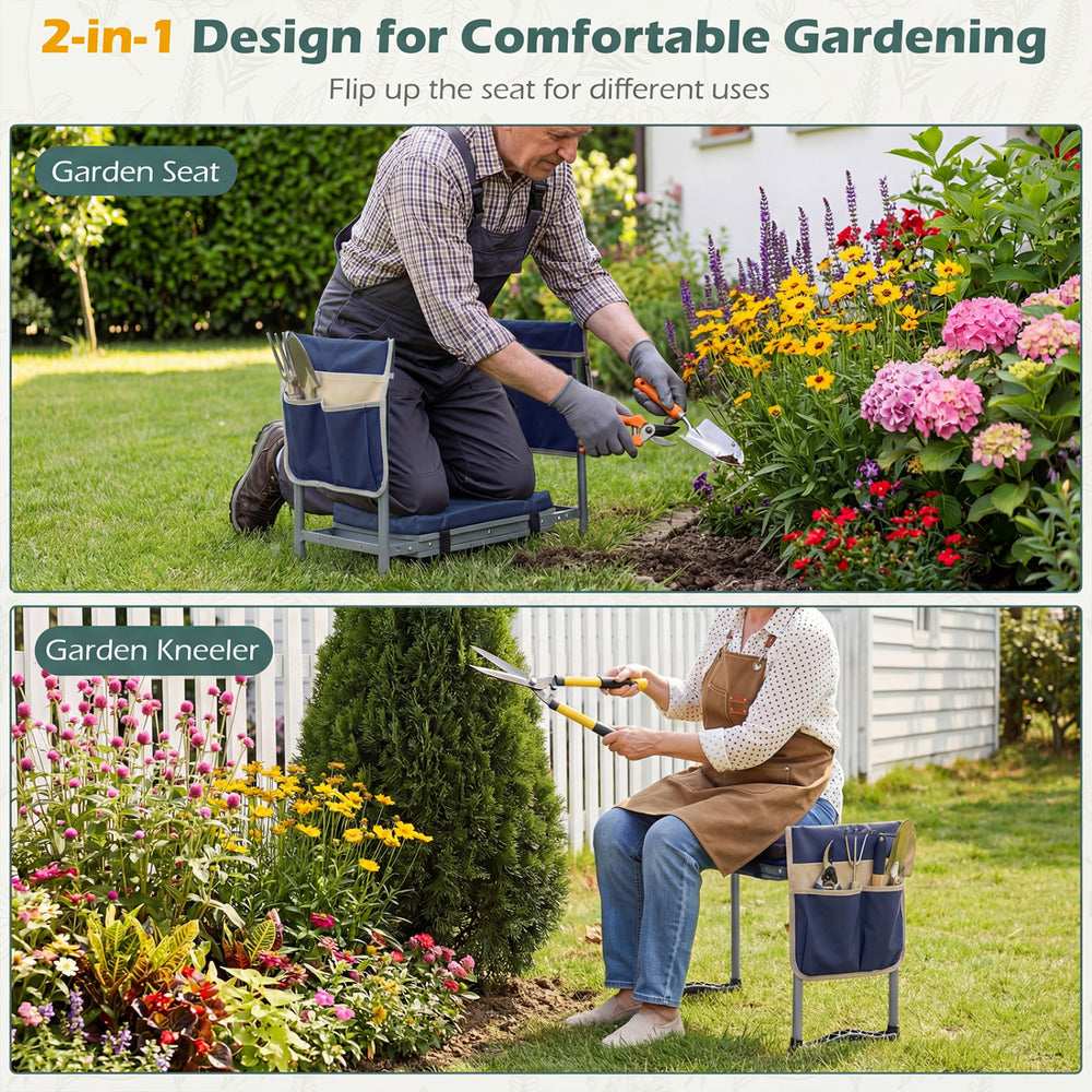 Garden kneeler and seat in navy, featuring a detachable padded cushion and side pouch for convenient gardening tasks.