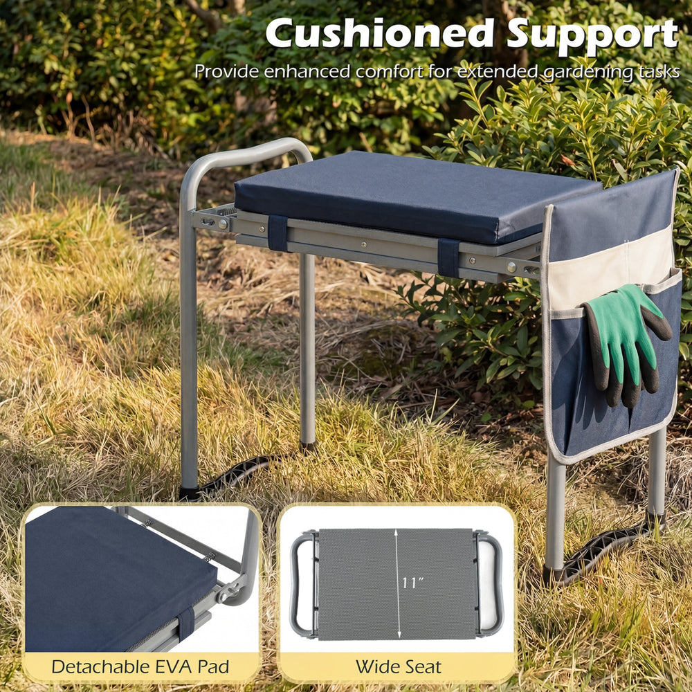 Foldable garden kneeler and seat in navy with detachable cushion, ideal for comfortable gardening tasks and easy.