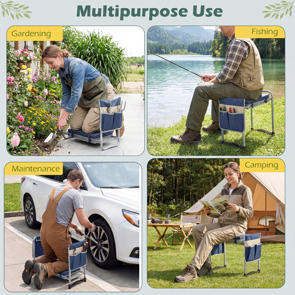 Foldable garden kneeler and seat in navy, ideal for gardening, fishing, and camping with detachable side pouch for.