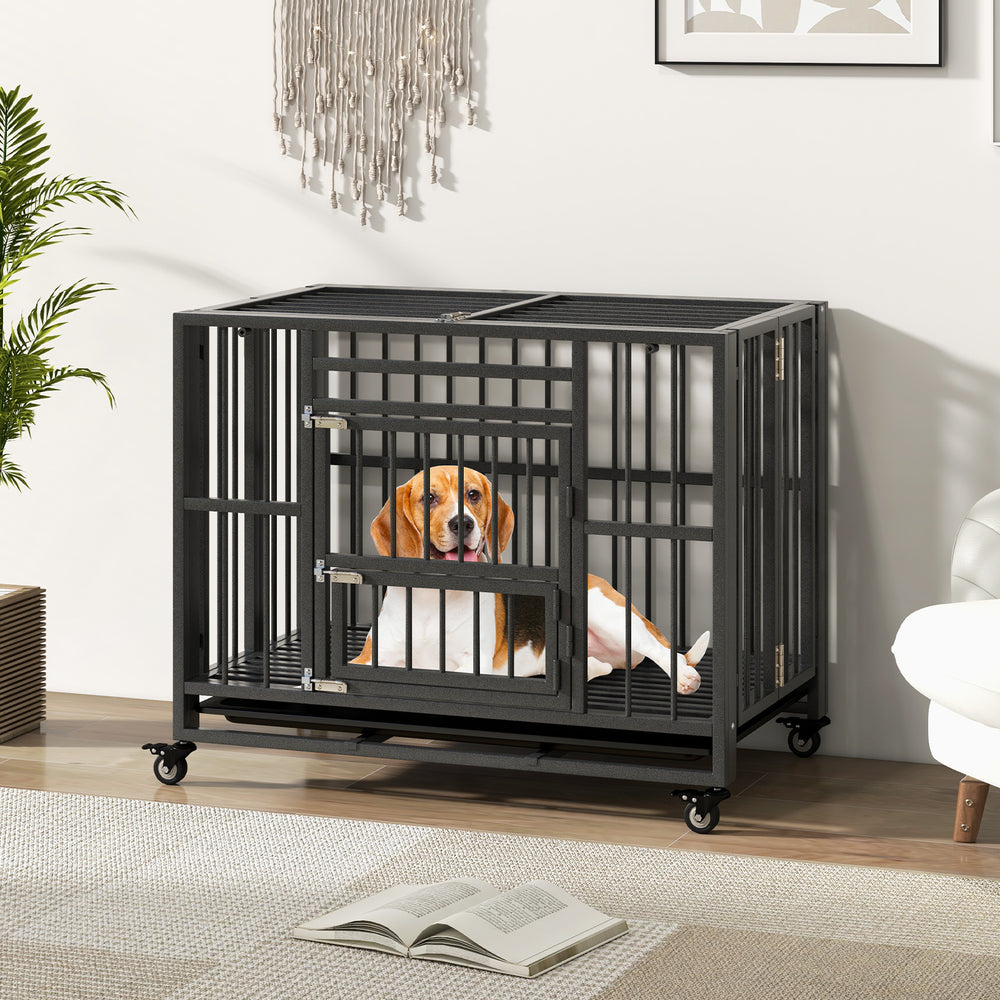 Heavy-duty metal dog crate with lockable doors and wheels, designed for medium and small dogs, ideal for home use.