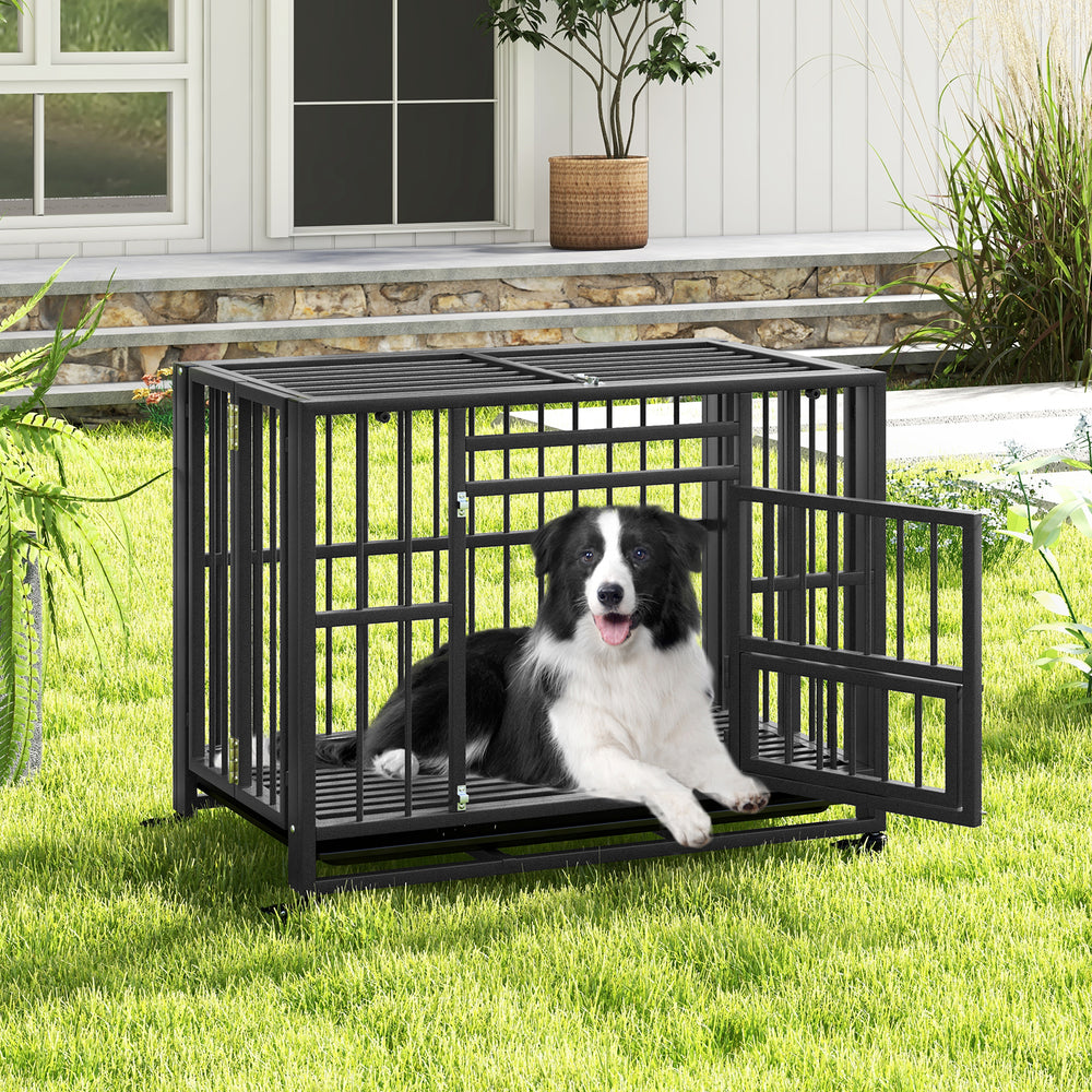 Heavy-duty metal dog cage with lockable doors and wheels, featuring a spacious interior for medium and small dogs.