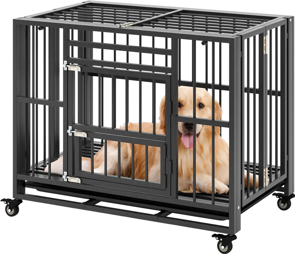 Foldable Heavy-Duty Metal Dog Cage Chew-proof Dog Crate with Lockable Universal Wheels