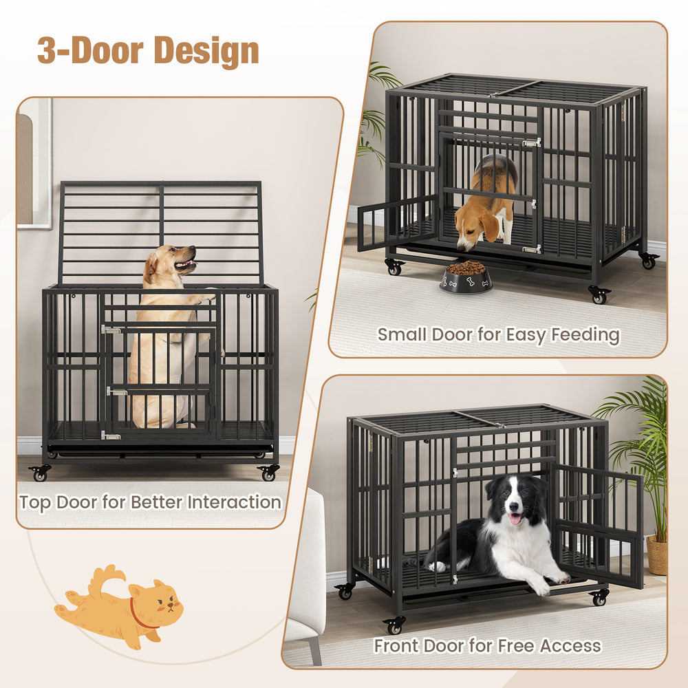 Foldable heavy-duty metal dog cage with three doors, featuring lockable wheels for easy mobility and secure access.