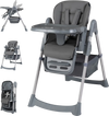 Foldable high chair for babies and toddlers in gray with adjustable features and removable padded seat for easy cleanup.