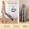 Foldable high chair for babies and toddlers in gray, featuring a compact design with built-in wheels for easy storage.