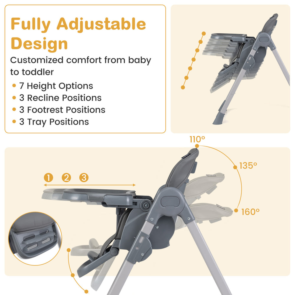Adjustable gray foldable high chair for babies and toddlers with multiple height, backrest, and tray positions for convenience.