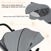 Zip-extend canopy and peek-a-boo window on a gray foldable infant pram stroller for adjustable coverage and visibility.