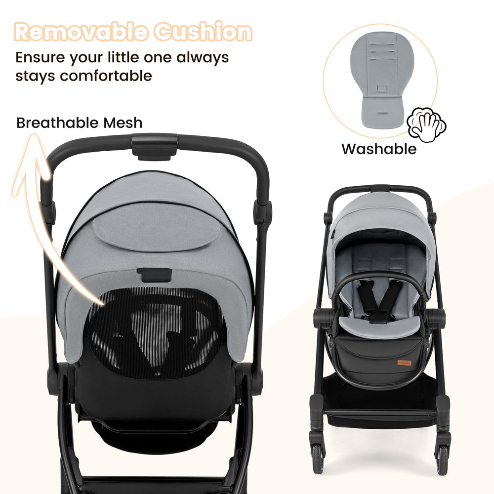 Foldable infant pram stroller in gray with removable cushion, breathable mesh backing, and adjustable backrest for.