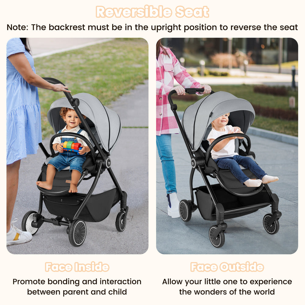 Foldable infant pram stroller in gray with a reversible seat, showcasing face inside and face outside options for.
