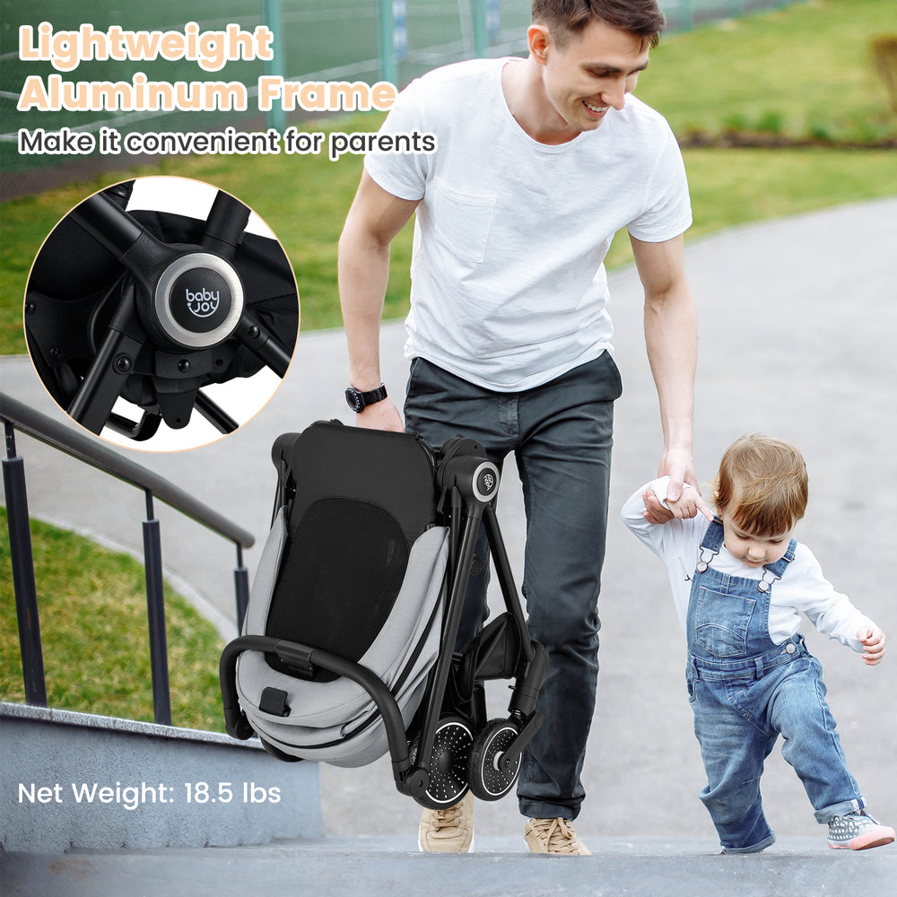 Foldable infant pram stroller with a reversible seat, lightweight aluminum frame, and adjustable backrest for comfort.