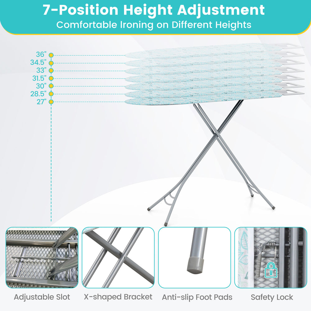 Foldable ironing board in turquoise with adjustable height, sturdy metal frame, and anti-slip foot pads for stability.