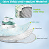 Foldable ironing board with adjustable height, turquoise cover, and sturdy metal frame for easy and stable ironing.