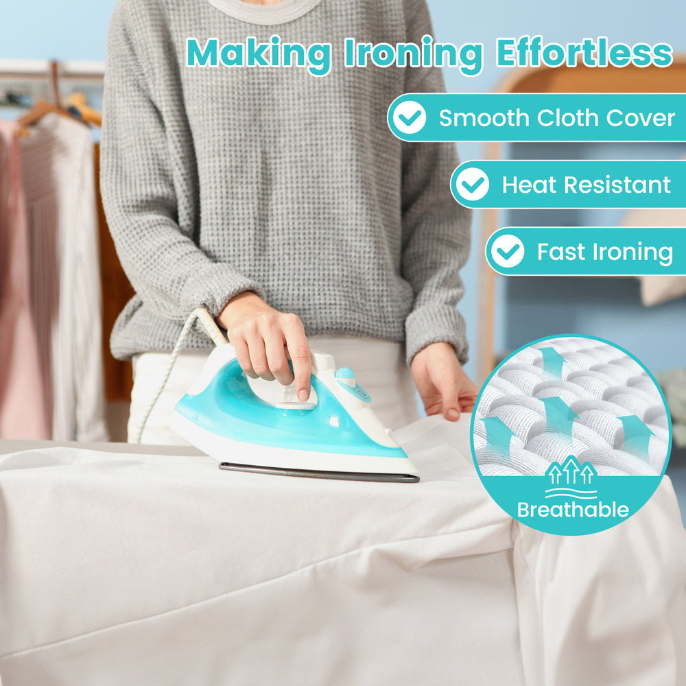 Foldable turquoise ironing board with adjustable height, featuring a smooth cloth cover and extra iron rest for.