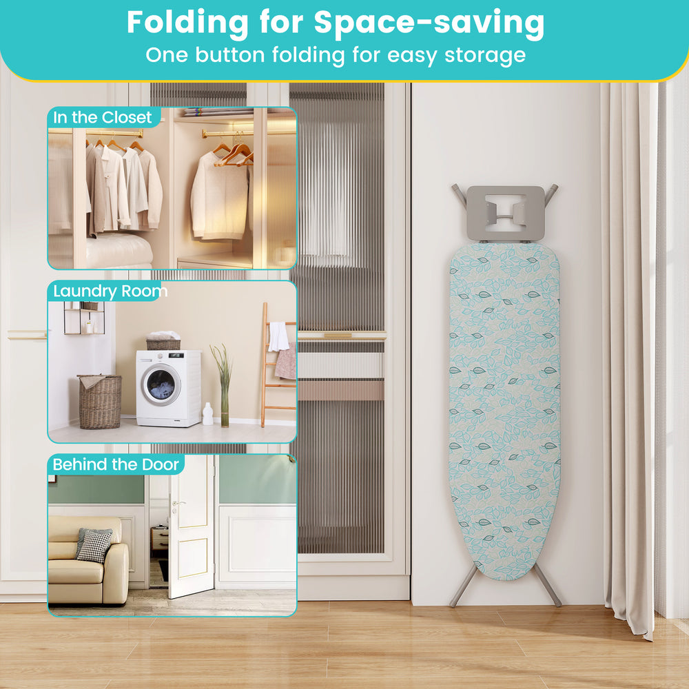 Foldable ironing board in turquoise with adjustable height, iron rest, and space-saving design for easy storage.