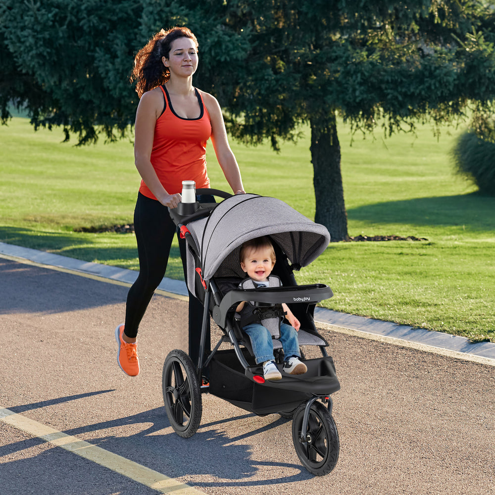 Foldable Jogging Stroller with Detachable Tray and Air-Filled Rubber Tires-Gray - Gallery View 1 of 10