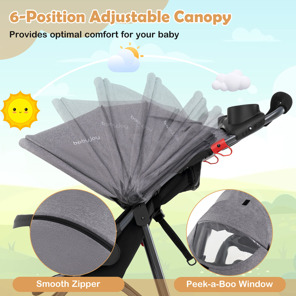 6-position adjustable canopy of the gray foldable jogging stroller, featuring a peek-a-boo window for baby comfort.