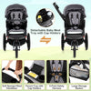 Foldable jogging stroller in gray with detachable tray, cup holders, and air-filled rubber tires for smooth rides.