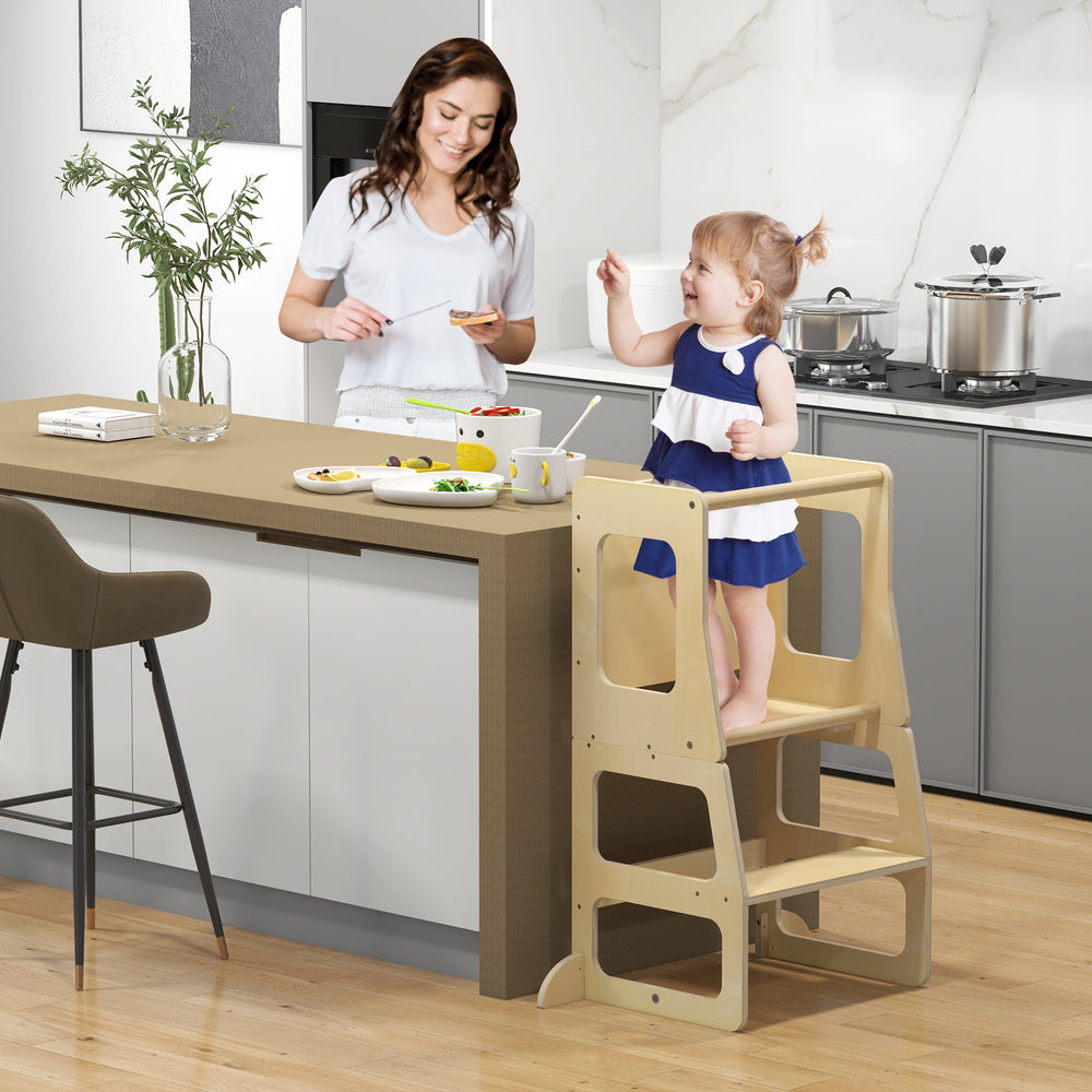 3-in-1 foldable kitchen standing tower for toddlers in natural wood, used as a step stool and chalkboard for family.