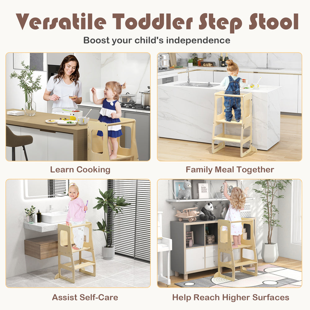 3-in-1 foldable kitchen standing tower for toddlers, made of durable wood, featuring a chalkboard and safety rail.