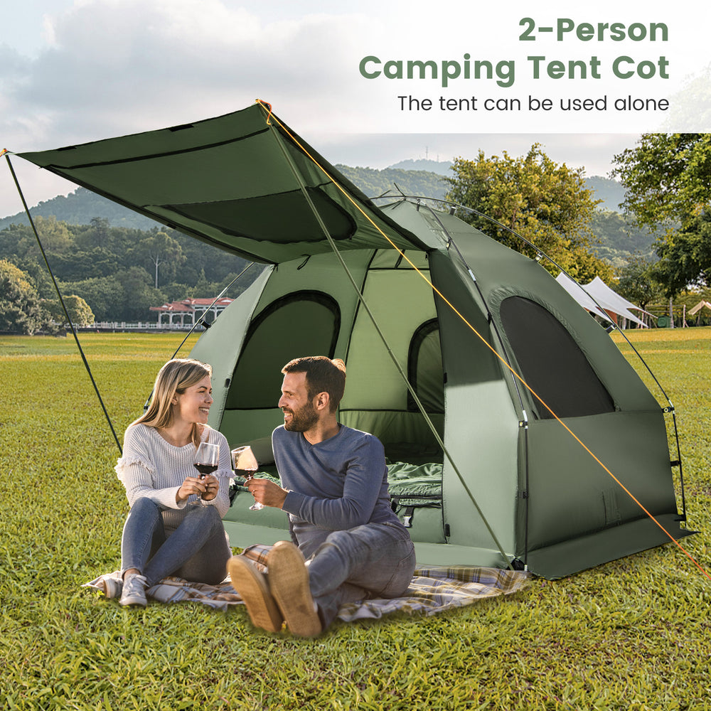 2-person camping tent cot with UV-resistant fabric, elevated platform, and air mattress, perfect for outdoor adventures.