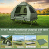 5-in-1 foldable outdoor camping tent cot with air mattress, sleeping bag, and waterproof fabric for comfortable camping.