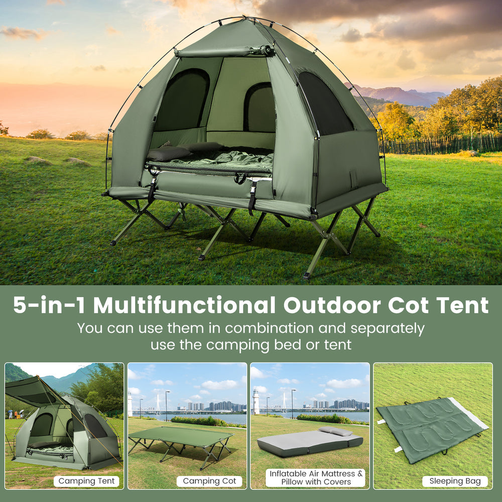 5-in-1 foldable outdoor camping tent cot with air mattress, sleeping bag, and waterproof fabric for comfortable camping.