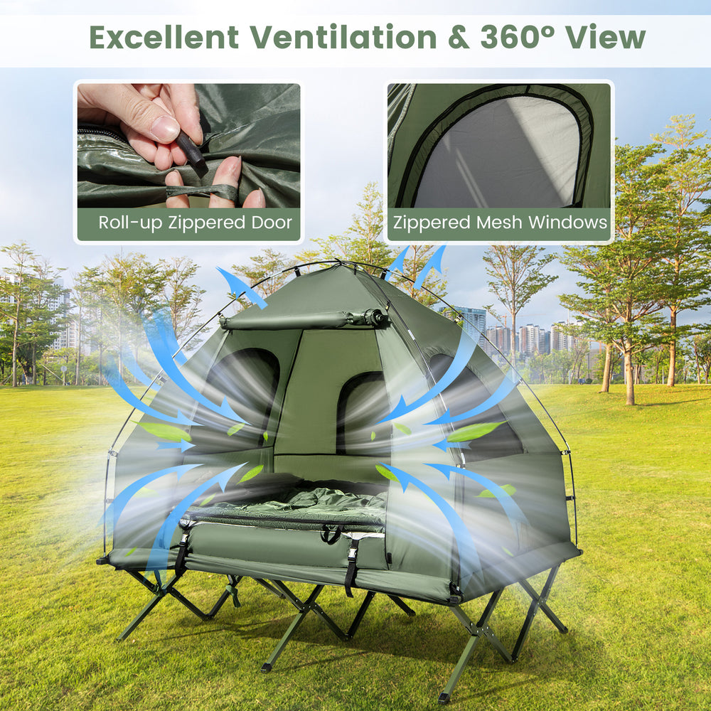 Foldable 2-person camping tent cot with zippered mesh windows and air mattress, perfect for outdoor adventures.