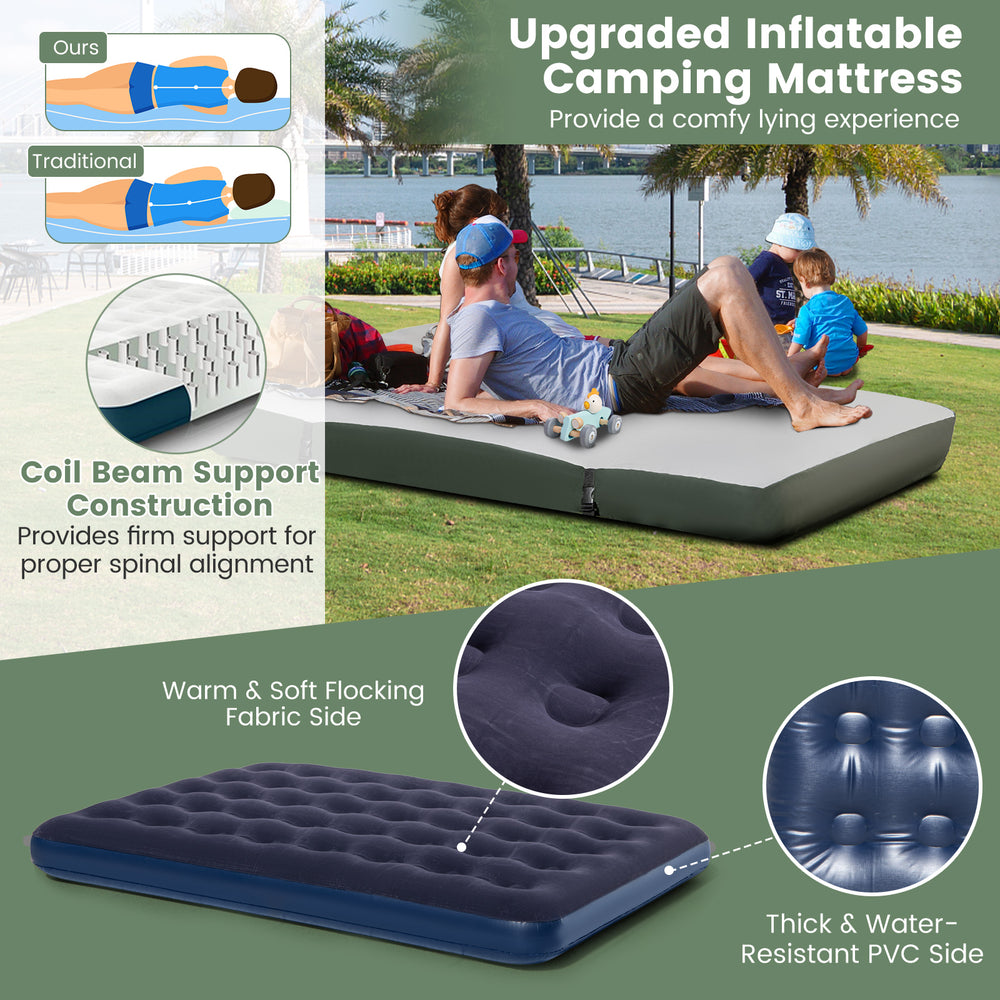Foldable outdoor camping tent cot with air mattress, featuring waterproof fabric and elevated design for comfort.
