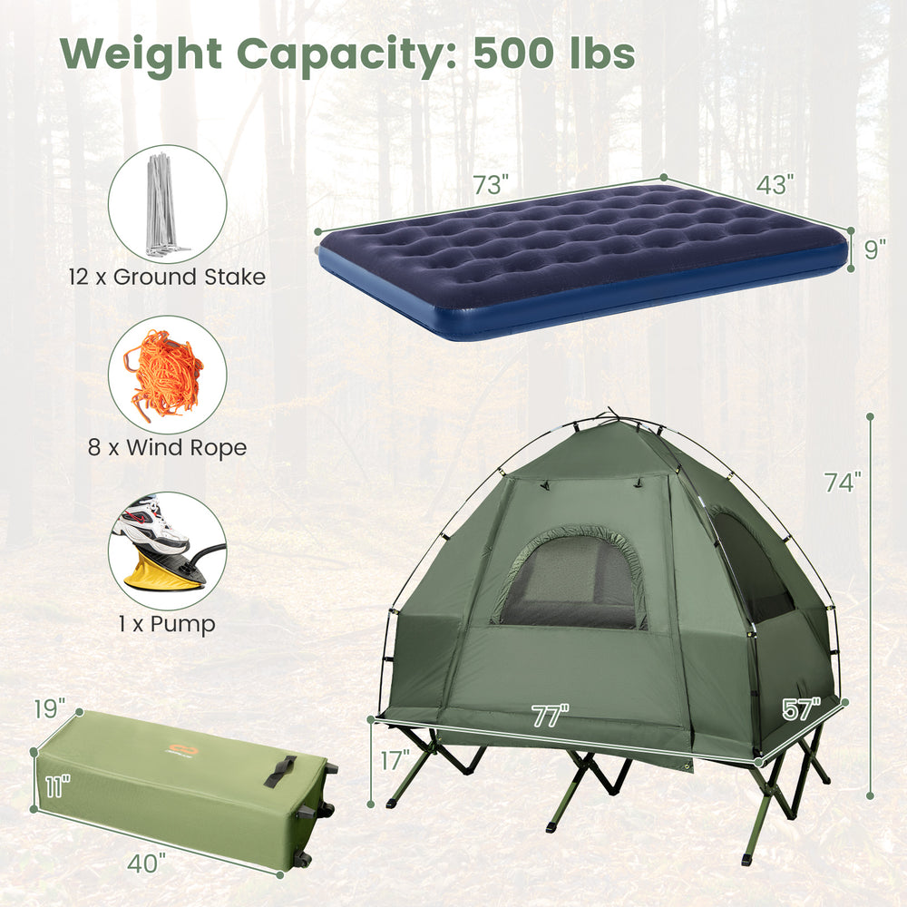 5-in-1 2-person camping tent cot with air mattress, sleeping bag, and wheeled bag, ideal for outdoor activities.