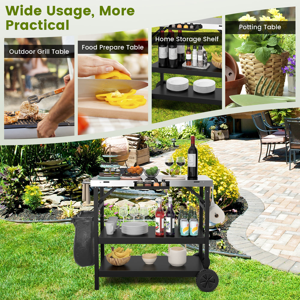 Foldable black outdoor cart with 3 tiers, stainless steel top, wheels, and phone holder for versatile use in gardens.