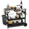 3-tier foldable outdoor cart in black featuring a trash bag holder, spice holder, and wheels for convenient outdoor use.
