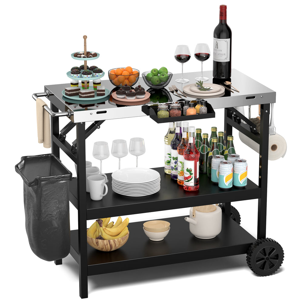 3-tier foldable outdoor cart in black featuring a trash bag holder, spice holder, and wheels for convenient outdoor use.