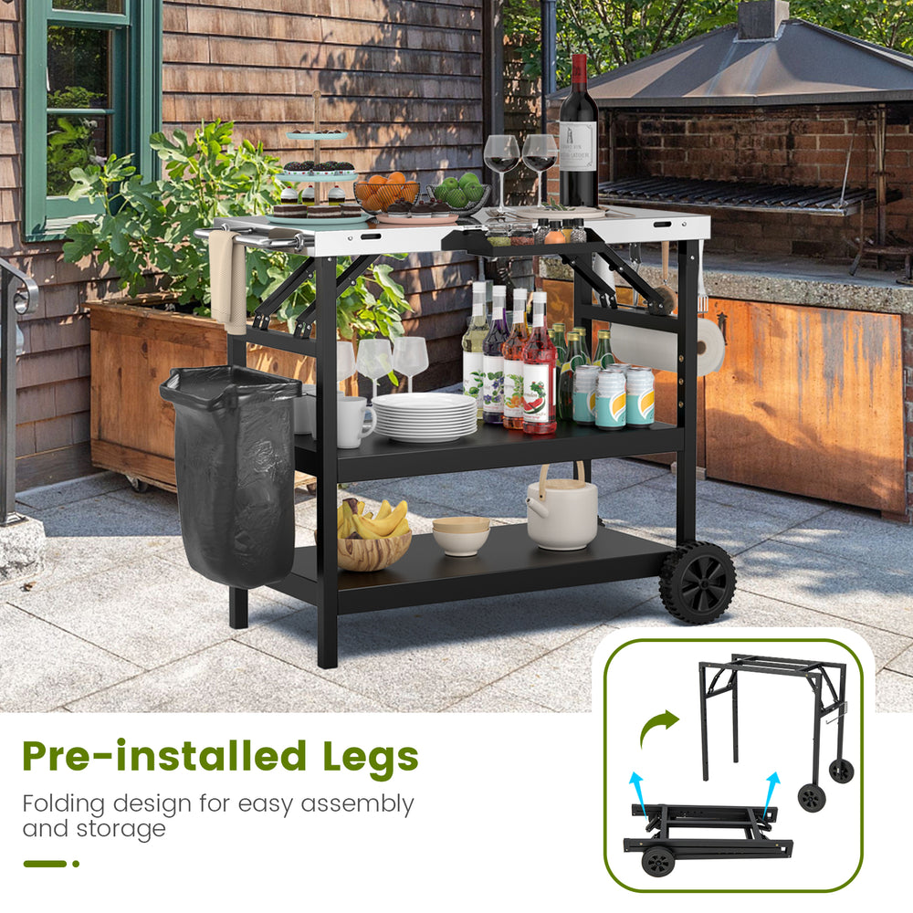 Foldable outdoor cart with 3 tiers, stainless steel, adjustable middle shelf, and wheels for easy mobility and storage.