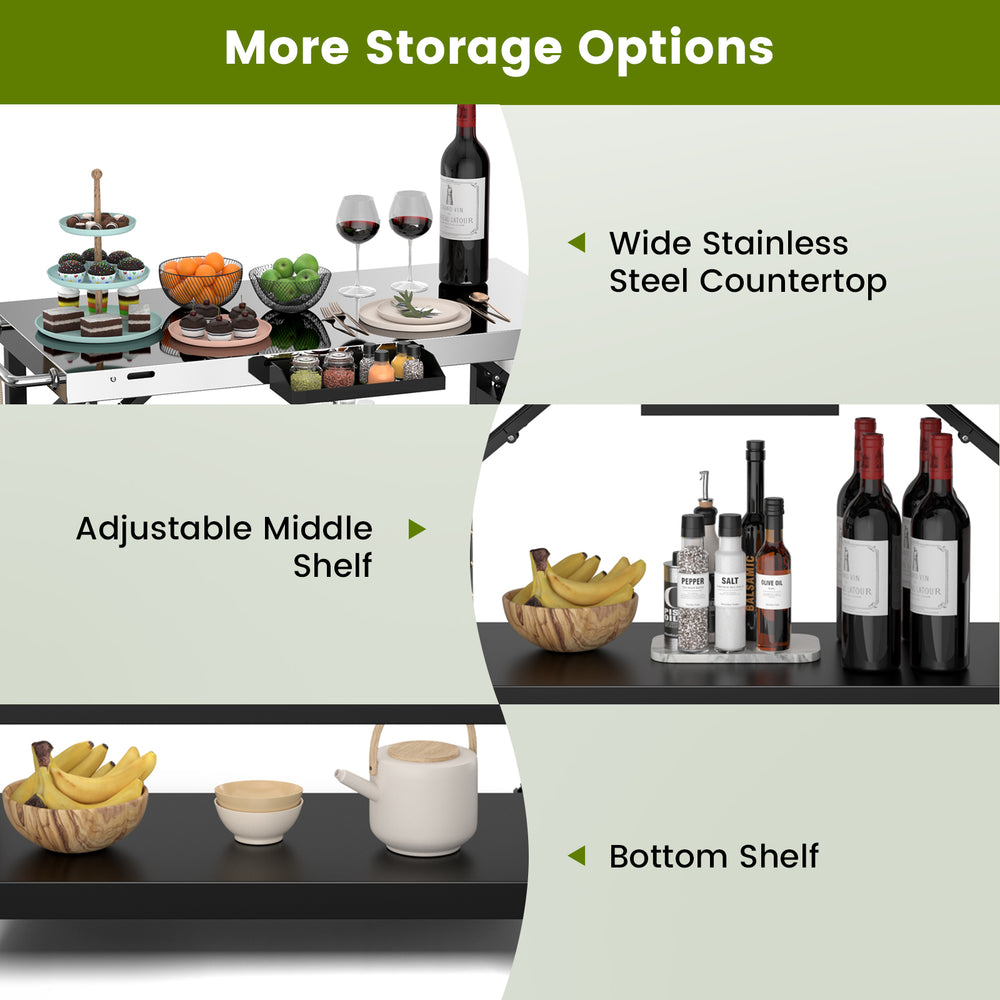 3-tier foldable outdoor cart with adjustable middle shelf, stainless steel countertop, and wheels for easy mobility.