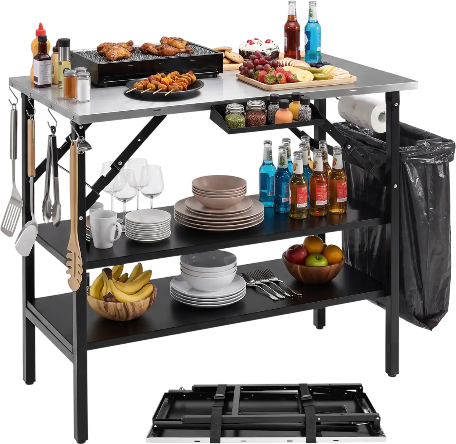Costway Foldable Outdoor Cook Station Camping Grill Table Removable Shelves Trash Bag Holder 74337660 New