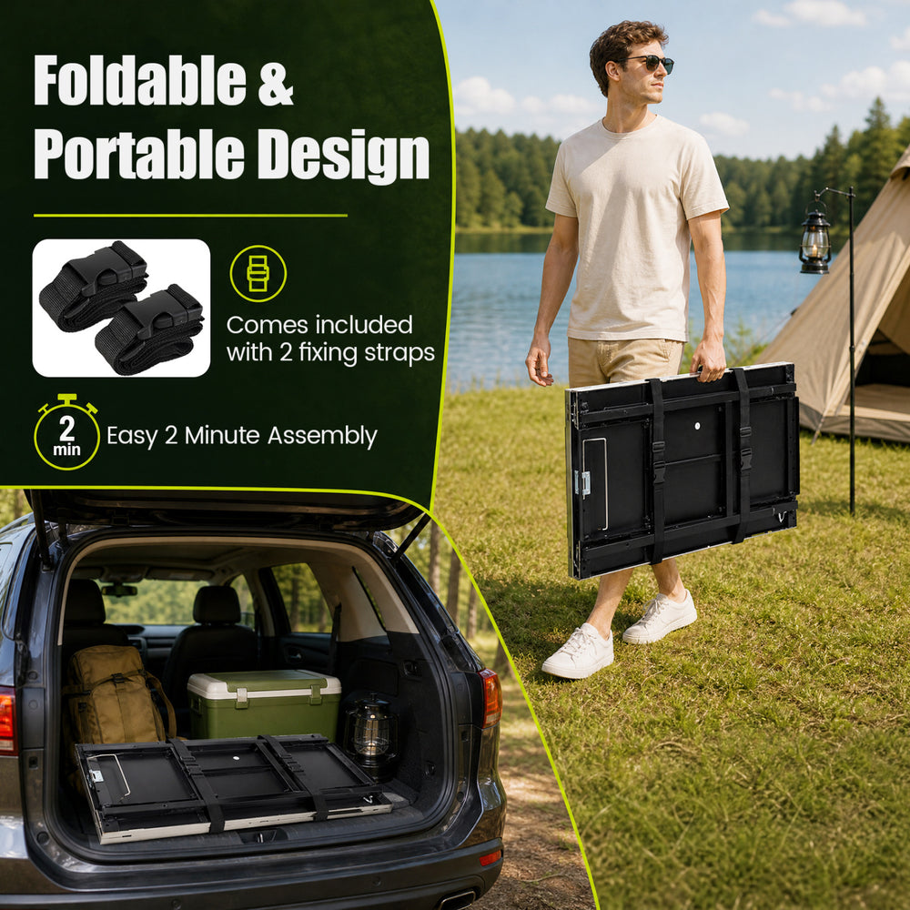 Foldable outdoor cook station showcases a compact design with fixing straps, ideal for easy transport and quick assembly.