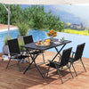 Foldable 48"x30" black metal patio dining table with slatted top, perfect for outdoor gatherings by the pool.