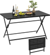 Foldable black metal outdoor dining table with slatted tabletop, perfect for patios and gatherings, shown in upright.