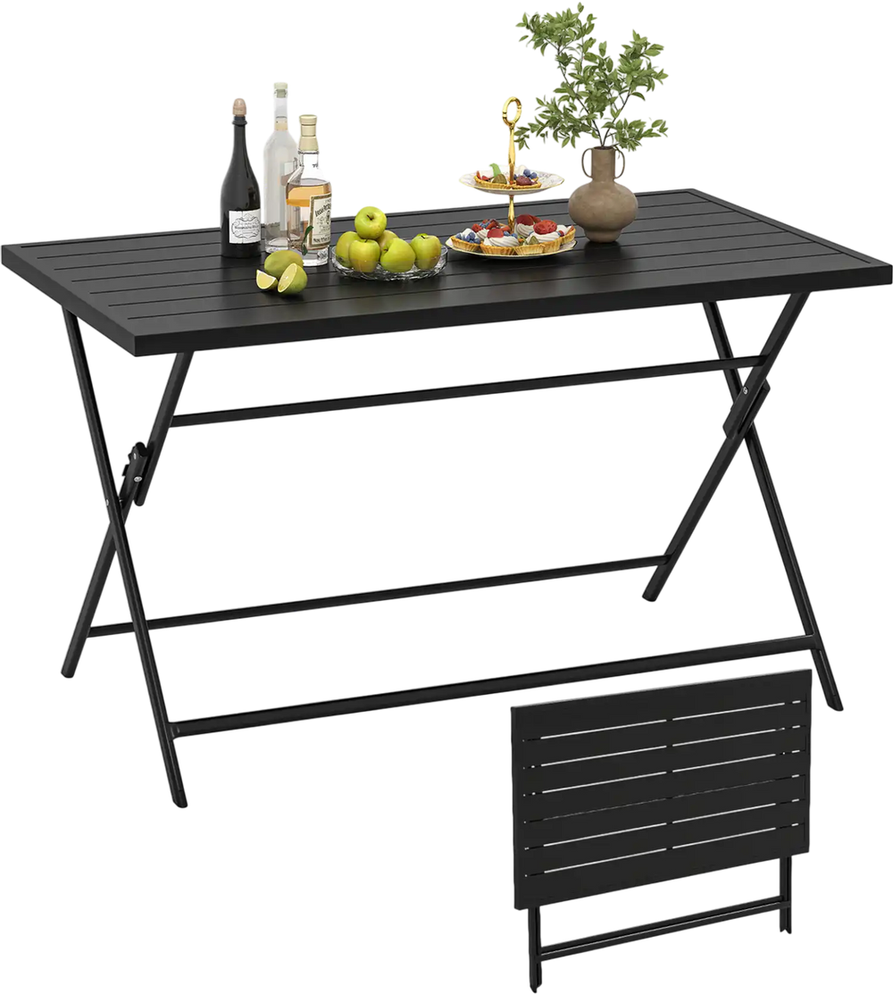 Foldable black metal outdoor dining table with slatted tabletop, perfect for patios and gatherings, shown in upright.