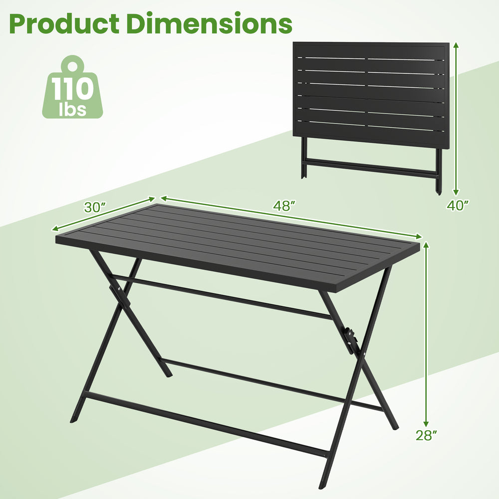 Foldable black metal outdoor dining table with slatted tabletop, measuring 48"x30", ideal for patios and gardens.