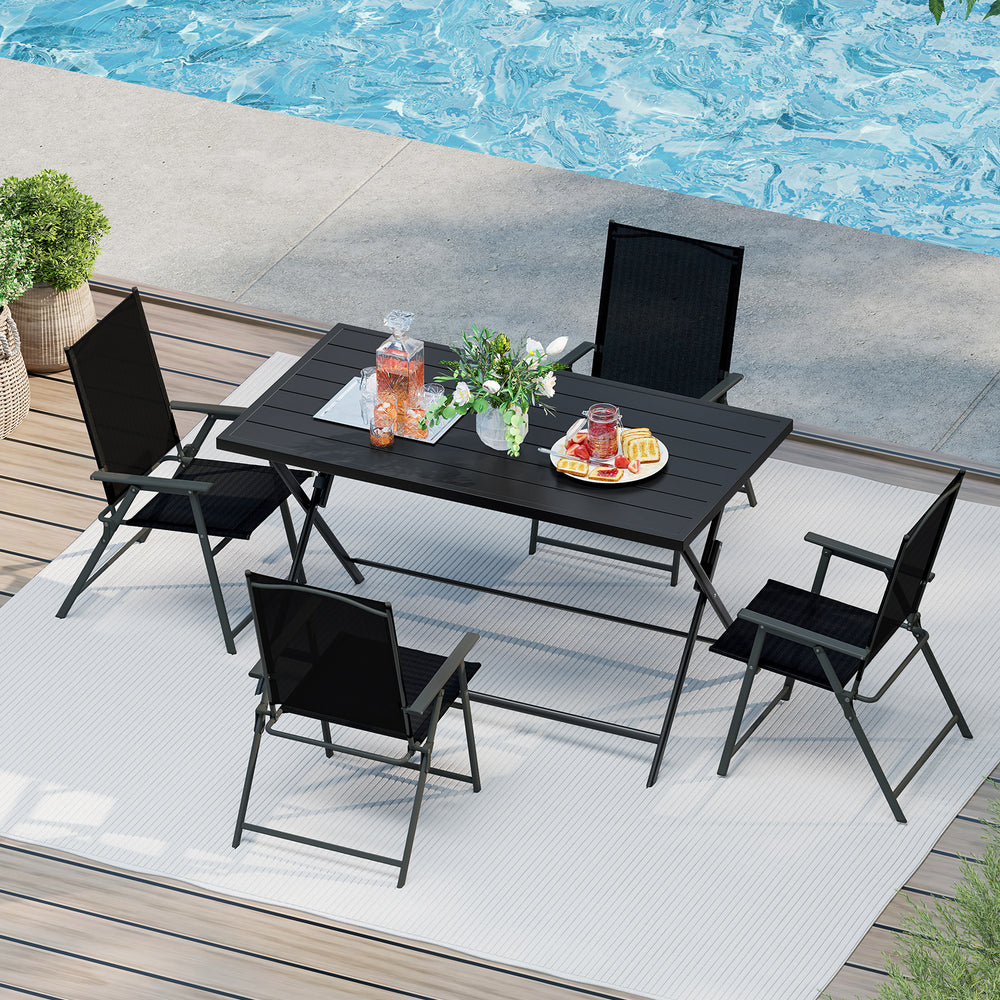 Foldable 48x30 inch black metal patio dining table with slatted tabletop, perfect for outdoor gatherings by the pool.