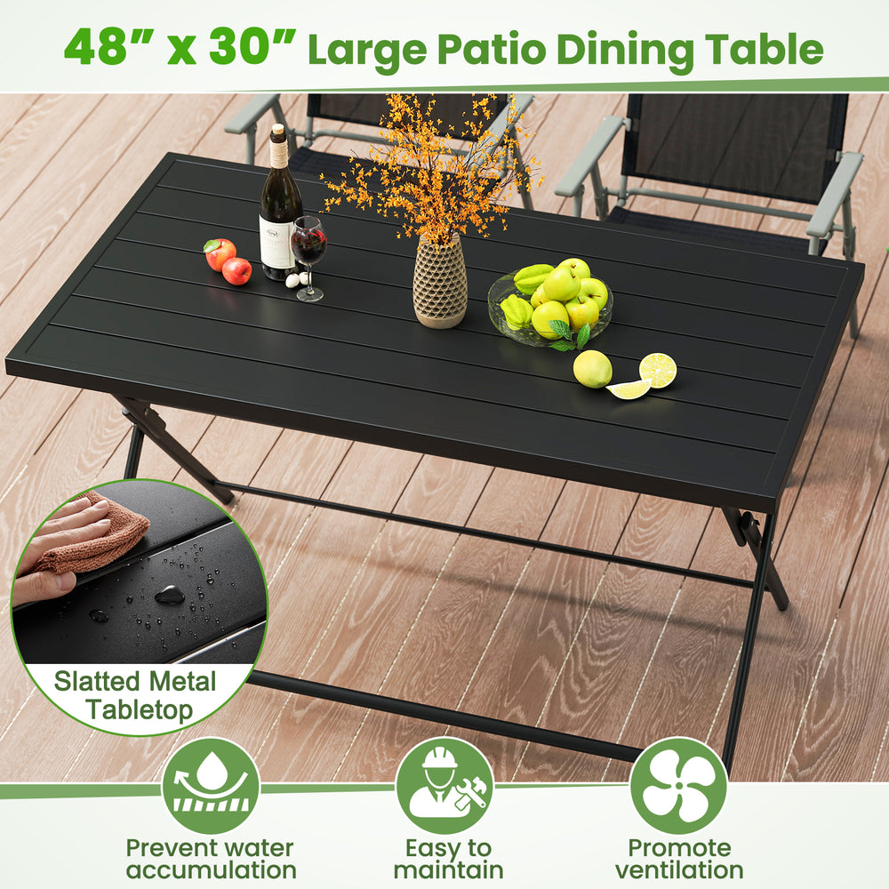 Black foldable outdoor dining table with slatted metal tabletop, ideal for patio use and easy to maintain.