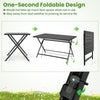 Foldable outdoor dining table with slatted metal tabletop, 48x30 inches, designed for easy storage and stability.