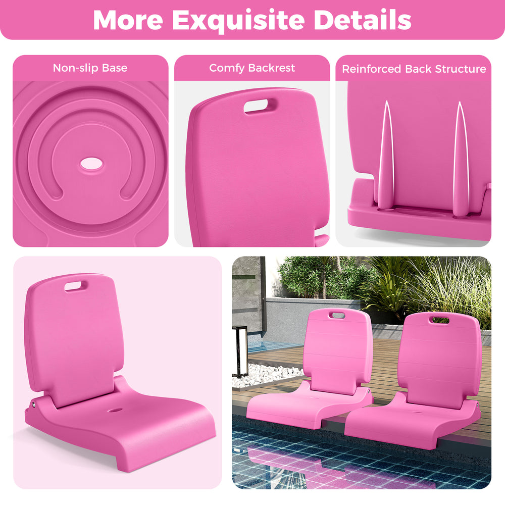 Pink foldable outdoor pool chair with back support, featuring a non-slip base and drainage holes for poolside use.